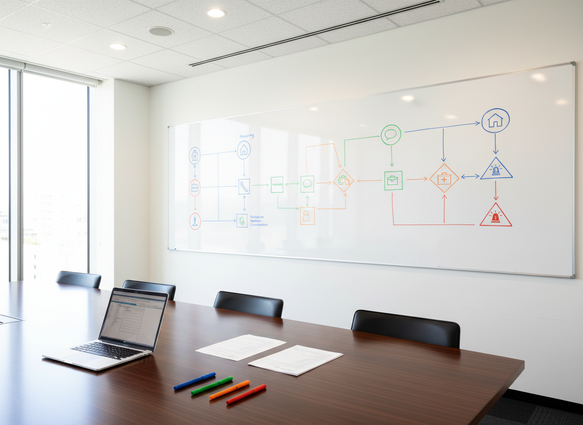 A professional meeting room where a large whiteboard occupies most of one wall, covered with neatly drawn, color-coded flowcharts and icons representing support services such as housing, language assistance, workplace coordination, and emergency help, all without text. A polished conference table below holds a laptop, a stack of blank forms, and a tidy row of pens. Natural daylight streams in from side windows, blending with subtle ceiling lighting to create an even, bright tone. Photographic, eye-level composition with moderate depth of field keeps both whiteboard and table in focus. The atmosphere is systematic, transparent, and proactive, visually expressing the detailed support offered to foreign trainees and skilled workers.