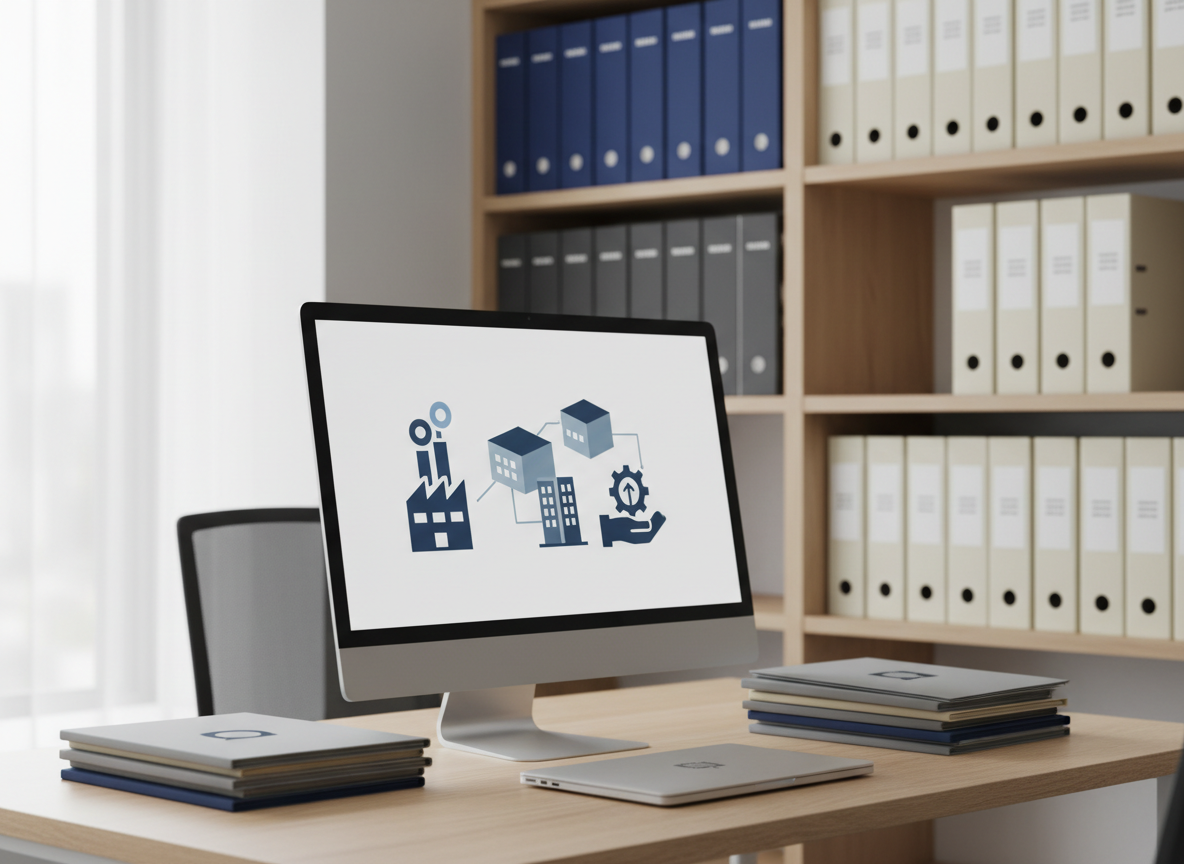 An organized HR corner in an office dedicated to partner companies: a light wood desk supports a large monitor showing stylized icons of factories, offices, and support services; beside it sits a closed laptop and a neat pile of company profile folders indicated by simple logo-like shapes without readable branding. Behind the desk, shelves hold binders in coordinated colors, suggesting structured employment information. Soft overhead lighting combined with faint window light produces a balanced, neutral illumination. Photographic realism, captured from a three-quarter angle, with clear focus on the desk and slight blur toward the shelves, conveying depth. The mood is professional, dependable, and collaborative, highlighting the cooperative’s role in matching foreign human resources with Japanese companies.