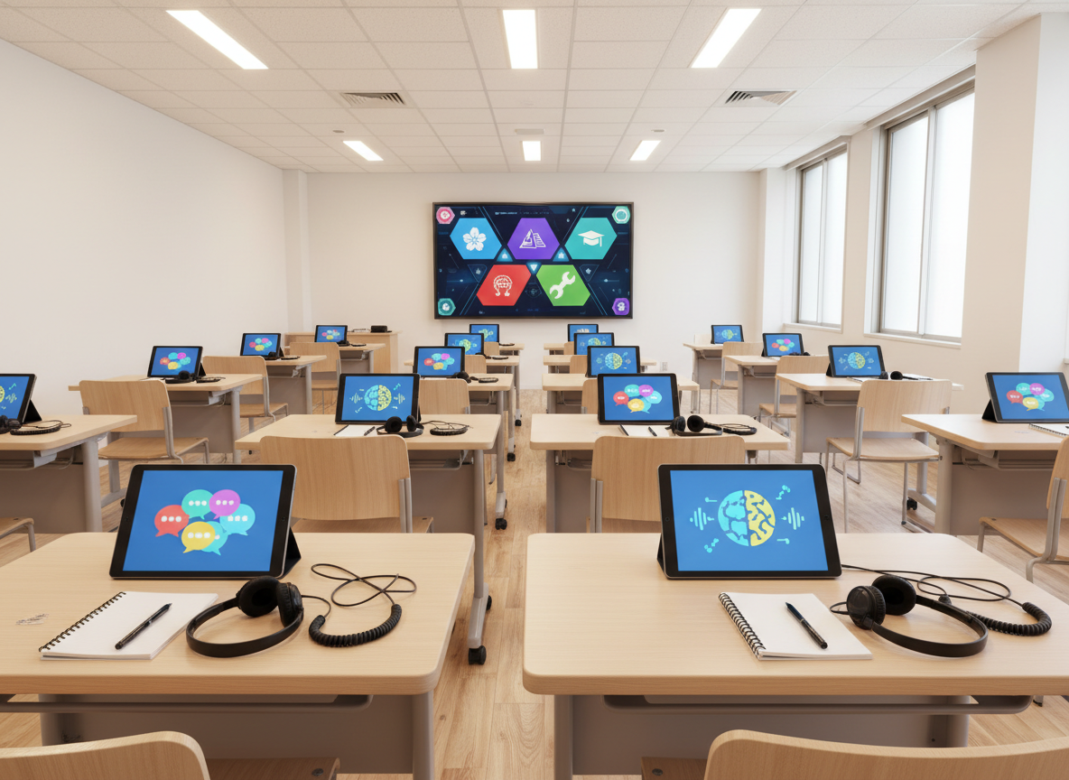 A bright, photographic scene of a training classroom equipped for foreign support: rows of simple desks with tablets showing language learning icons, headphones neatly coiled beside each device, and small memo pads ready for notes. At the front, a large interactive screen displays an abstract interface with symbols for different languages and practical skills, avoiding any text. Warm but soft ceiling lighting evenly illuminates the room, with a touch of daylight from side windows reflecting gently on the polished floor. Shot from the back of the classroom with a wide lens, the composition shows clear perspective lines drawing the eye forward. The atmosphere is optimistic, structured, and future-oriented, symbolizing skills training and Japanese language education for foreign residents.