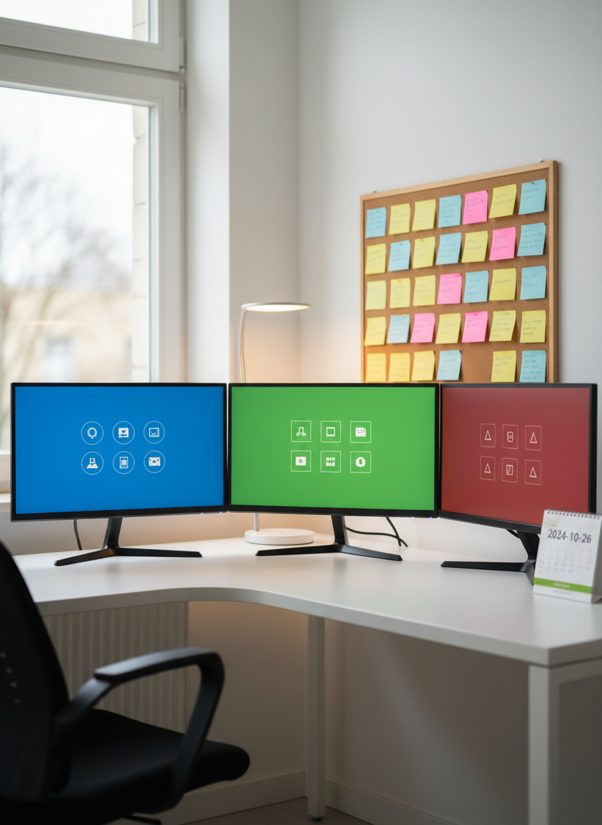 A compact, photographic office corner dedicated to multilingual support: a white desk with three monitors side by side, each showing different colored interface layouts and language-selection icons instead of text. Sticky notes in varied colors are neatly arranged on a pinboard, and a small desk calendar with international date formats is visible without specific words. A soft desk lamp adds warm local light, blending with cooler daylight from a nearby window, creating gentle contrast and cozy professionalism. Captured at a slight diagonal angle with moderate depth of field, the primary monitor stands out in crisp focus. The mood is attentive, detail-oriented, and supportive, visualizing the cooperative’s capacity for multilingual responses via chat, email, and online consultations.