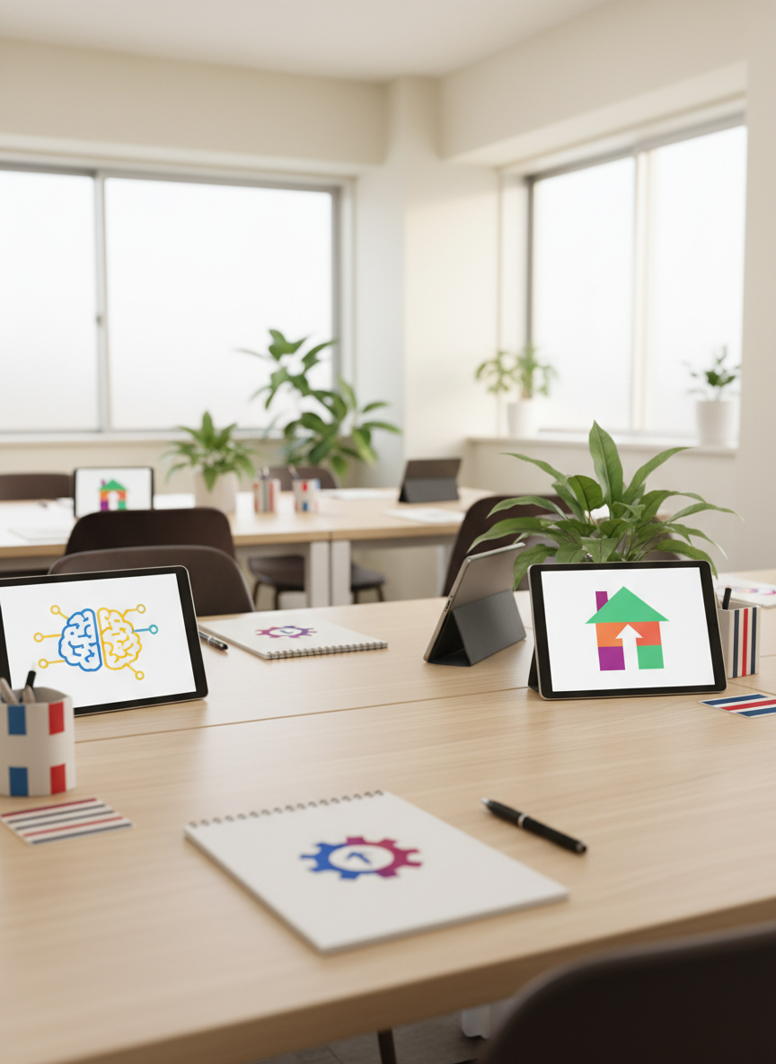 A tidy shared workspace featuring individual desks, each with a neatly arranged notebook, a pen, and a tablet showing abstract icons for learning, housing, and employment support instead of text. Small national flag motifs appear as colors and shapes on desk accessories, hinting at diverse countries without being explicit. Large windows let in soft morning light, illuminating the light-colored walls and simple green plants placed around the room. The photographic image is composed from a slightly elevated angle, with sharp focus in the foreground and gentle blur in the back, creating depth. The mood is calm, encouraging, and structured, representing a cooperative environment that supports foreign trainees and specified skilled workers in their daily life and career in Japan.