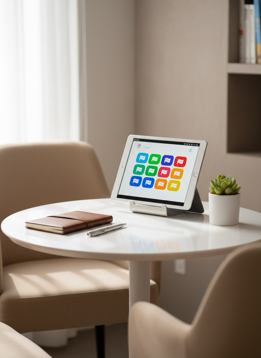 A close-up, photographic view of a neatly organized consultation corner: a small round table with a smooth white surface, two comfortable chairs partially visible at the edges, and a tablet on a stand displaying a multilingual support interface through colored buttons and flag-like shapes, with no readable text. A notepad, pen, and a small plant in a simple ceramic pot complete the scene. Soft, diffused daylight enters from an unseen window, casting gentle shadows and a serene glow. Shot at eye level with a shallow depth of field, the tablet and notepad are in crisp focus while the background fades softly. The mood is reassuring, confidential, and professional, ideal for inquiries and personal consultations about training and work in Japan.
