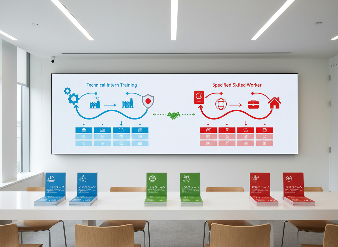 A large wall-mounted digital display in a modern office showing an abstract infographic comparing two pathways, symbolizing technical intern training and specified skilled worker routes. Instead of text, the graphic uses clean icons, arrows, and color-coded lines. Below the display, a sleek white counter holds brochures represented by color blocks and icons in multiple language styles. The room is lit by bright but soft overhead lighting combined with subtle daylight, creating a clean and clear atmosphere. Captured in photographic realism from a straight-on, slightly wide perspective, everything is in sharp focus. The composition feels orderly, educational, and objective, helping visitors understand different options for working and training in Japan.